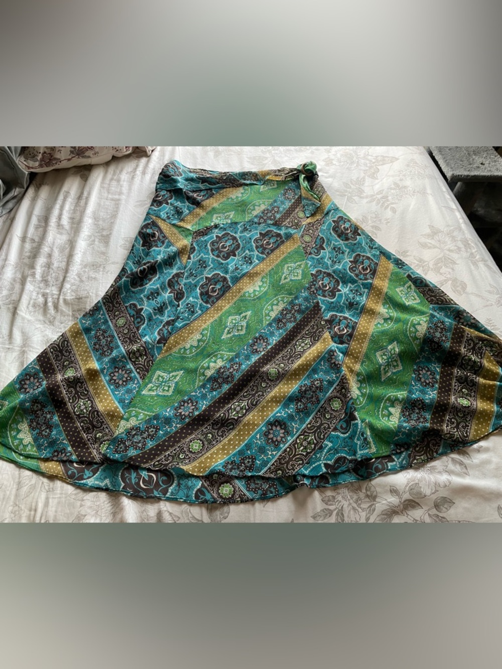 Y2K Teal Brown Paisley Patchwork Midi Skirt 16 Retro Boho Festival Fairycore 00s